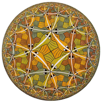 A woodcut by M.C.Esher's using the Poincare Model titled: Circle Limit III, 1959