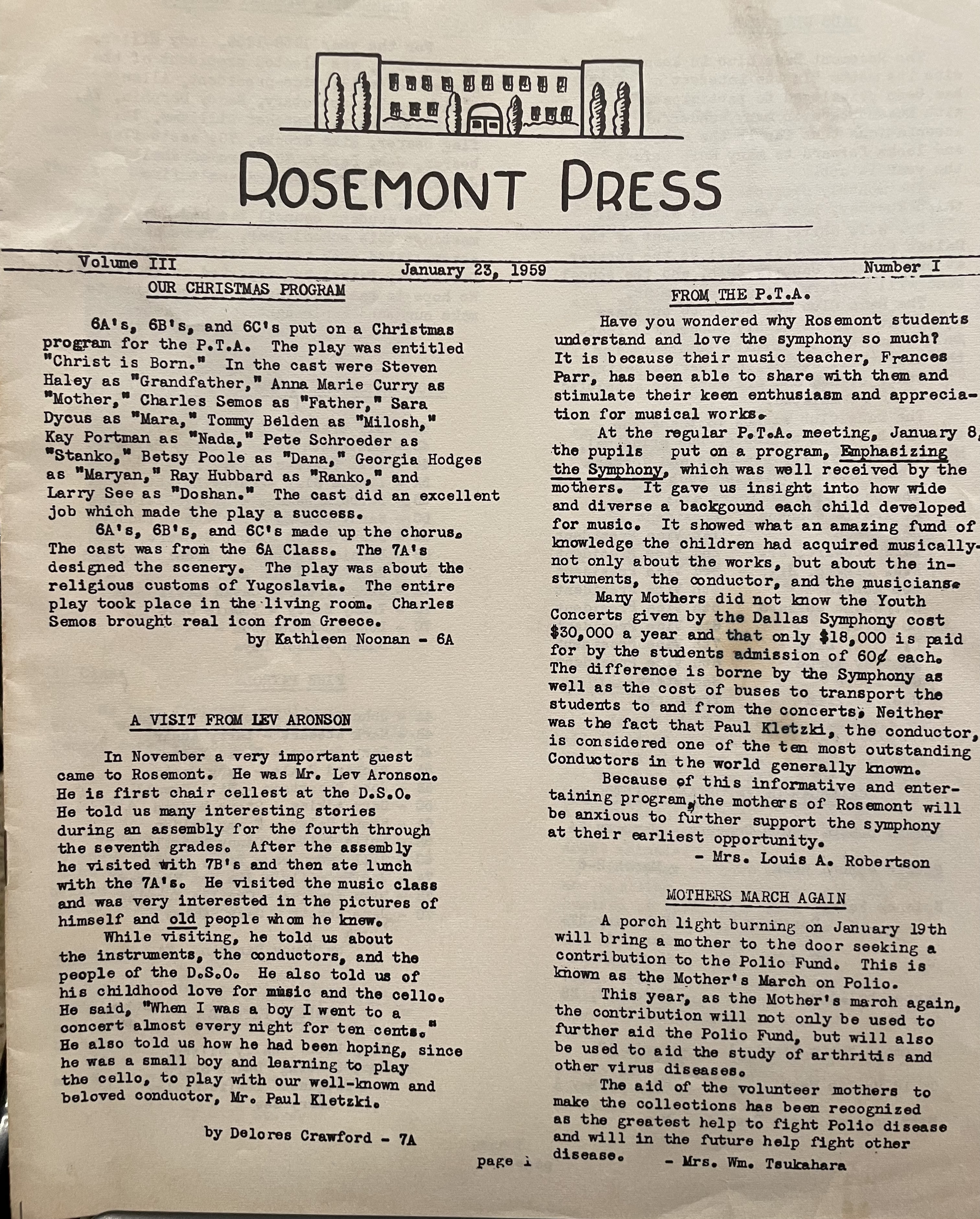 Page 1 of the Rosemont Press -- January, 1959